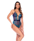 Risk The Feeling Sheer Lace & Mesh Bodysuit W/Back Tie Detail & Snap Crotch - Midnight Blue