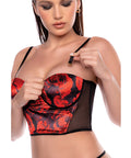 Strapless Mesh Bustier W/Lace Up Back & Thong 2 Pc Set - Black/Red