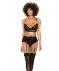 Lace Underwire Bra, Thong & Garterbelt W/Lace Up Detail Black
