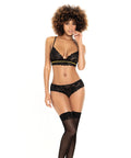 Lace Underwire Bra, Thong & Garterbelt W/Lace Up Detail Black