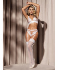 Floral Lace & Mesh Top, Garter Belt & Peek A Boo Panty White