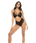 Lace & Mesh Teddy W/Front Clasp & Lace Up Back Black