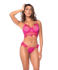 Scallop Lace And Mesh Underwire Bra W/Thong 2 Pc Set - Pink