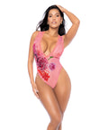 Lace Trimmed Floral Printed Mesh Teddy - Pink