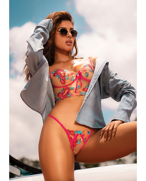 Seductive Garden Floral Mesh Bralette W/G-String 2 Pc Set - Multi-Color