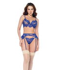 Lace Underwire Top W/Panty & Garter 3 Pc Set - Blue