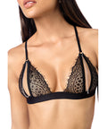 Peek-A-Boo Lace Bra & G-String W/Lace Eye Mask & Cuffs 4 Pc Set - Black