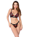 Untamed Floral Embroidered Underwire Top & Thong 2 Pc Set - Black/Red