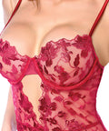 Lovers Lace & Mesh Underwire Bustier & G-String W/Back Lace Up Detail 2 Pc Set - Red
