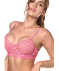 Sheer Lace Underwire Top W/Panty & Garter 3 Pc Set - Pink