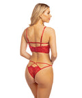 Cherry Strappy Lace Unlined Underwire Bra W/Heart Ring Detail & Panty Red