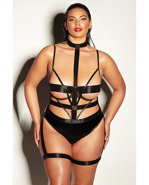 Fetish Lethal Underwire Peek A Boo Vinyl Teddy W/Choker Black