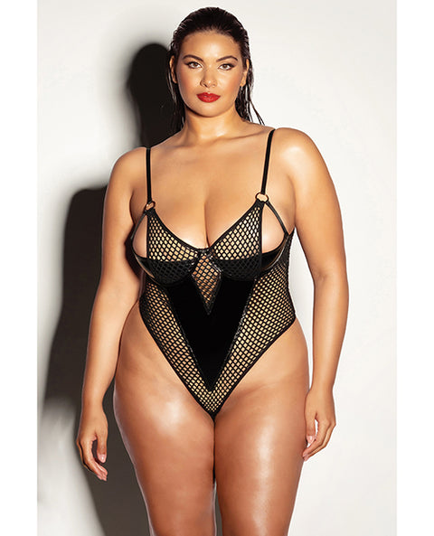 FETISH Frisky Fishnet & Vinyl Shelf Cup Peek A Boo Teddy Black LG