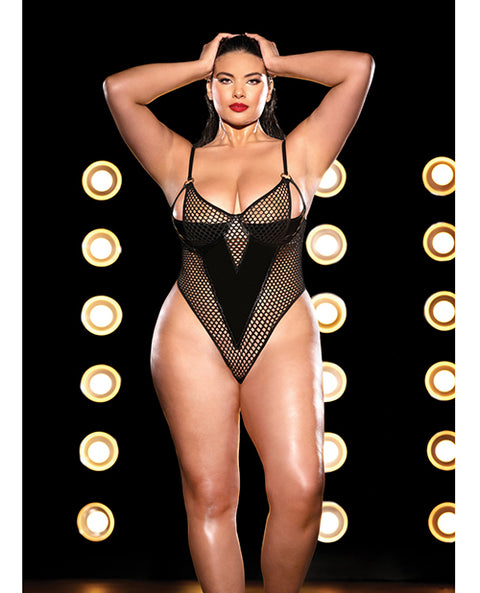 FETISH Frisky Fishnet & Vinyl Shelf Cup Peek A Boo Teddy Black LG