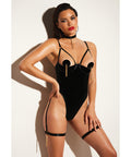 FETISH Play Open Shelf Cup Vinyl & Mesh Teddy w/Vinyl Nipple Covers & Chain Tassel Black LG