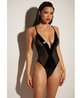 Fetish Finesse Soft Cup Vinyl & Mesh Teddy W/Barbell Black