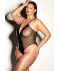 Fetish Finesse Soft Cup Vinyl & Mesh Teddy W/Barbell Black