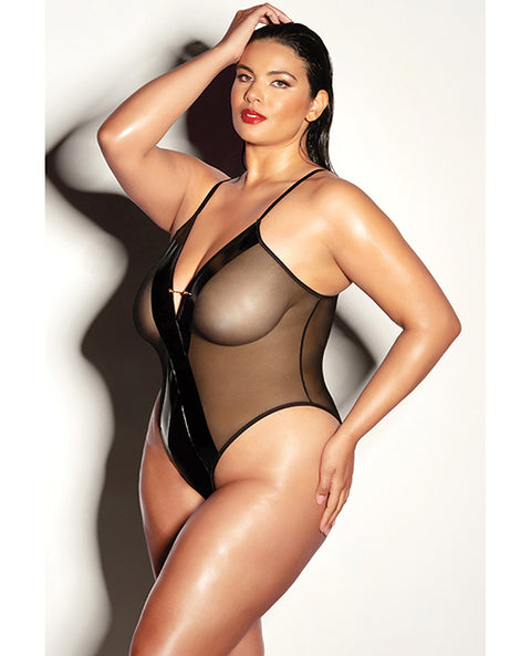Fetish Finesse Soft Cup Vinyl & Mesh Teddy W/Barbell Black