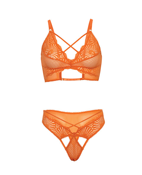 Amina Scallop Lace & Mesh Bralette W/Panty 2 Pc Set - Dragon Fire Orange