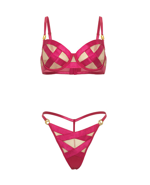Raelynn Satin Strappy Underwire Bra W/G-String 2 Pc Set - Pink Yarrow