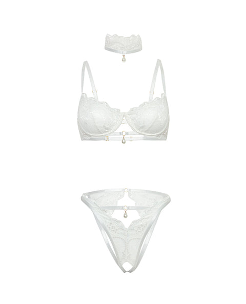 Pearla Lace Underwire Bra & Open Back Panty W/Matching Collar 3 Pc Set - White