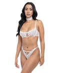 Pearla Lace Underwire Bra & Open Back Panty W/Matching Collar 3 Pc Set - White