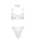 Pearla Lace Underwire Bra & Open Back Panty W/Matching Collar 3 Pc Set - White