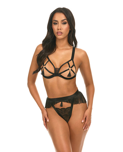 Annika Open Cup 2 Pc Set W/Fringe And Tassel Detail - Black