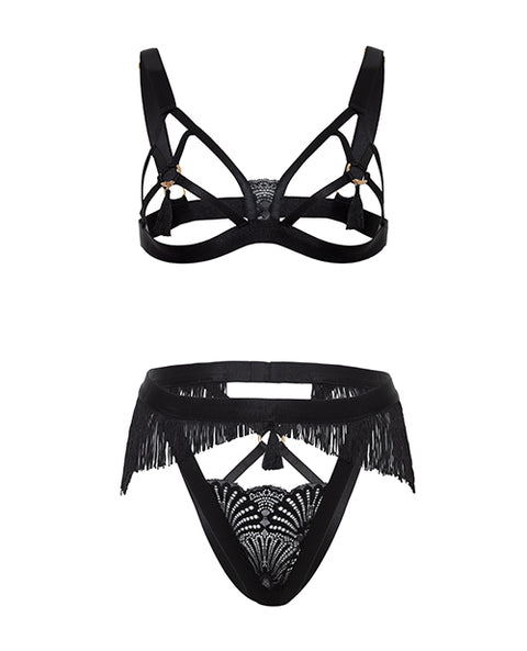 Annika Open Cup 2 Pc Set W/Fringe And Tassel Detail - Black