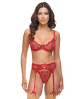 Mariah Embroidered Lace And Mesh Underwire Bra W/Garter & G-String 3 Pc Set - Burgundy
