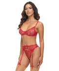 Mariah Embroidered Lace And Mesh Underwire Bra W/Garter & G-String 3 Pc Set - Burgundy
