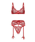 Mariah Embroidered Lace And Mesh Underwire Bra W/Garter & G-String 3 Pc Set - Burgundy
