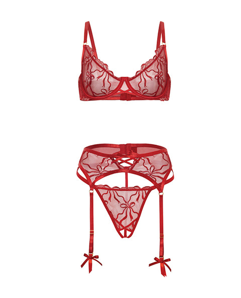 Mariah Embroidered Lace And Mesh Underwire Bra W/Garter & G-String 3 Pc Set - Burgundy