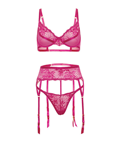 Julia Lace & Mesh 3 Pc Set W/G-String - Rose