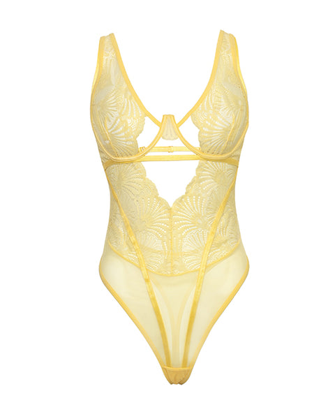 Tiana Scallop Lace & Mesh Underwire Teddy - Pale Banana