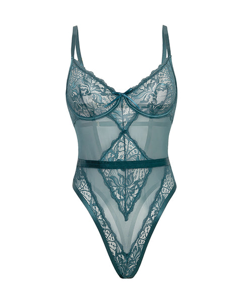 Paisley Lace & Mesh Teddy W/Bow Details - Turquoise