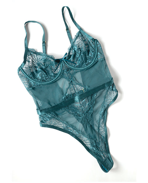 Paisley Lace & Mesh Teddy W/Bow Details - Turquoise