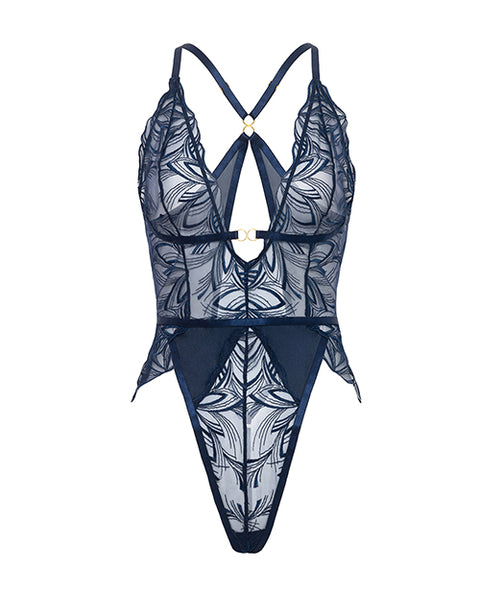 Davina V-Plunge Embroidered Teddy W/Double Ring Charm - Navy