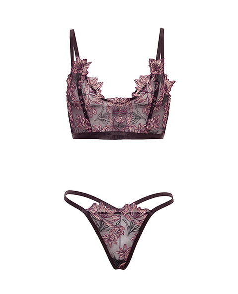Adela Embroidered Boned Bustier W/G-String 2 Pc Set - Black/Pink