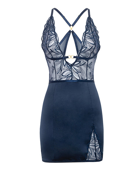 Davina V-Plunge Embroidered Babydoll W/Double Ring Charm - Navy