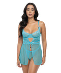 Emma Floral Lace & Mesh Underwire Babydoll W/G-String 2 Pc Set - Beach Blue