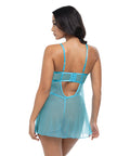 Emma Floral Lace & Mesh Underwire Babydoll W/G-String 2 Pc Set - Beach Blue