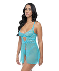 Emma Floral Lace & Mesh Underwire Babydoll W/G-String 2 Pc Set - Beach Blue