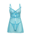 Emma Floral Lace & Mesh Underwire Babydoll W/G-String 2 Pc Set - Beach Blue