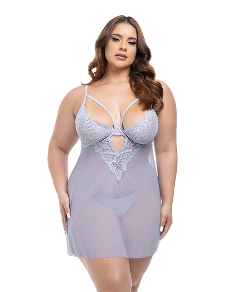 Elsie Lace & Mesh Underwire Babydoll W/G-String 2 Pc Set - Brunnera Blue