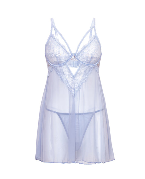 Elsie Lace & Mesh Underwire Babydoll W/G-String 2 Pc Set - Brunnera Blue