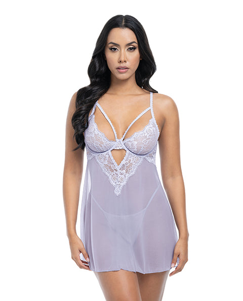 Elsie Lace & Mesh Underwire Babydoll W/G-String 2 Pc Set - Brunnera Blue