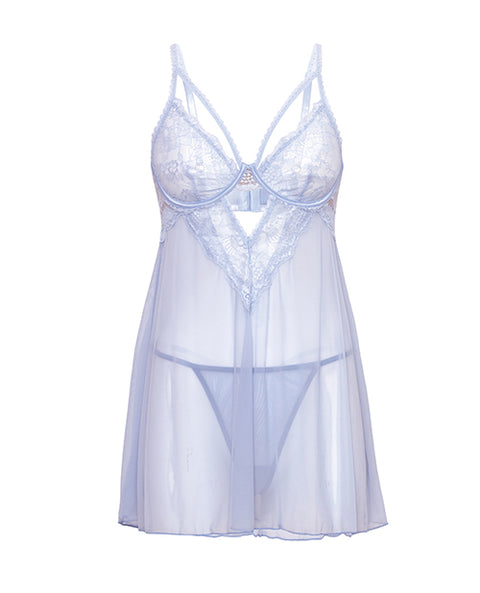 Elsie Lace & Mesh Underwire Babydoll W/G-String 2 Pc Set - Brunnera Blue