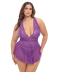 Harmony V-Plunge Lace & Mesh Babydoll W/G-String - Purple