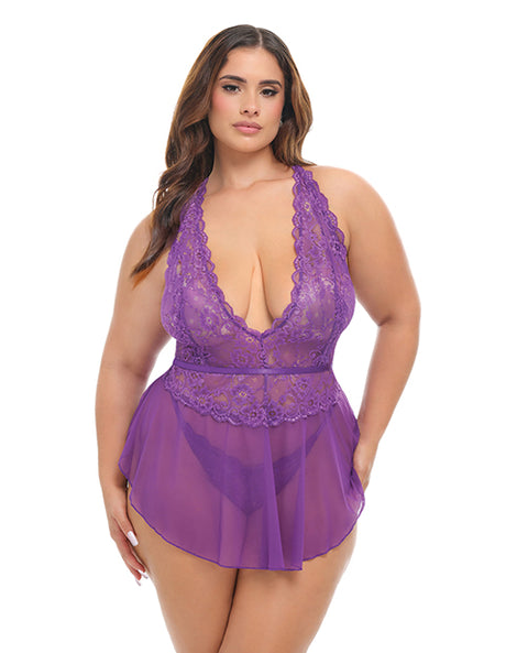Harmony V-Plunge Lace & Mesh Babydoll W/G-String - Purple